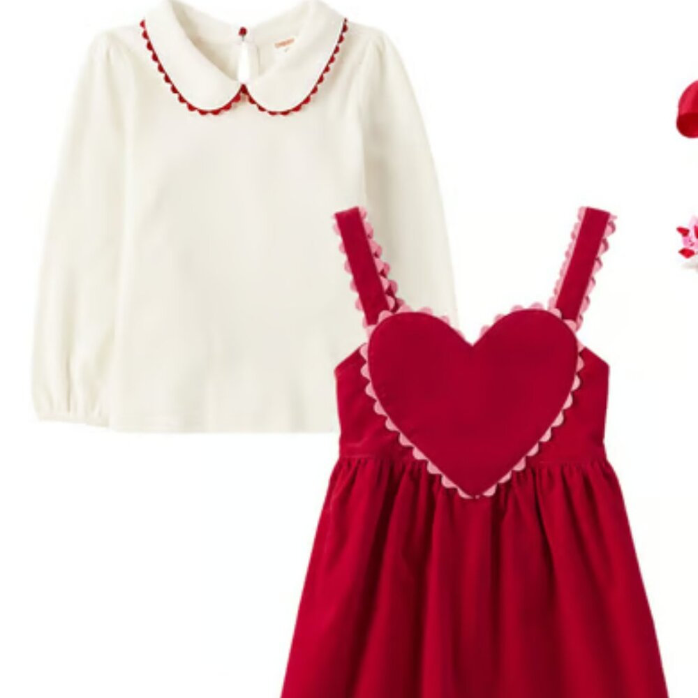Gymboree Red Heart Velveteen Skirtall/Dress with Peter Pan Collar Shirt | 12-18M